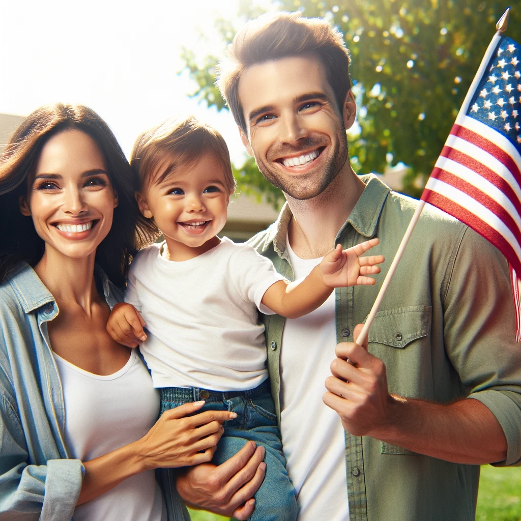 A happy family waving the U.S. flag, celebrating outdoors. The family consists of a man, a woman, and a child, standing together with joyful expressio